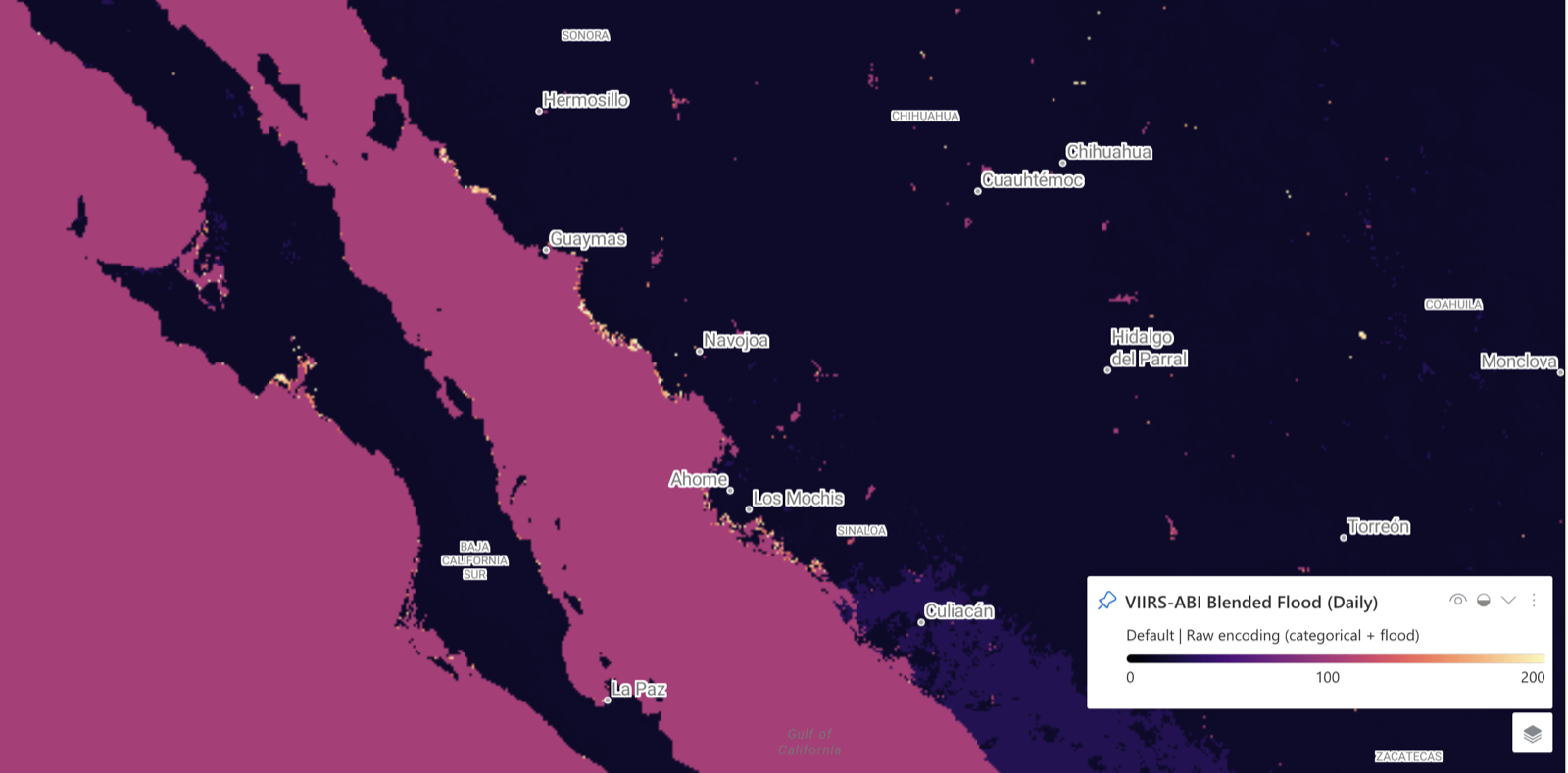 VIIRS-ABI Blended Flood rendered over the Gulf of California and Baja California, Mexico
