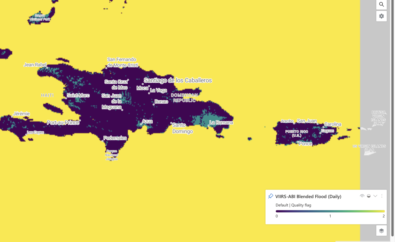 VIIRS-ABI Blended Flood quality-flag layer rendered over Hispaniola and Puerto Rico