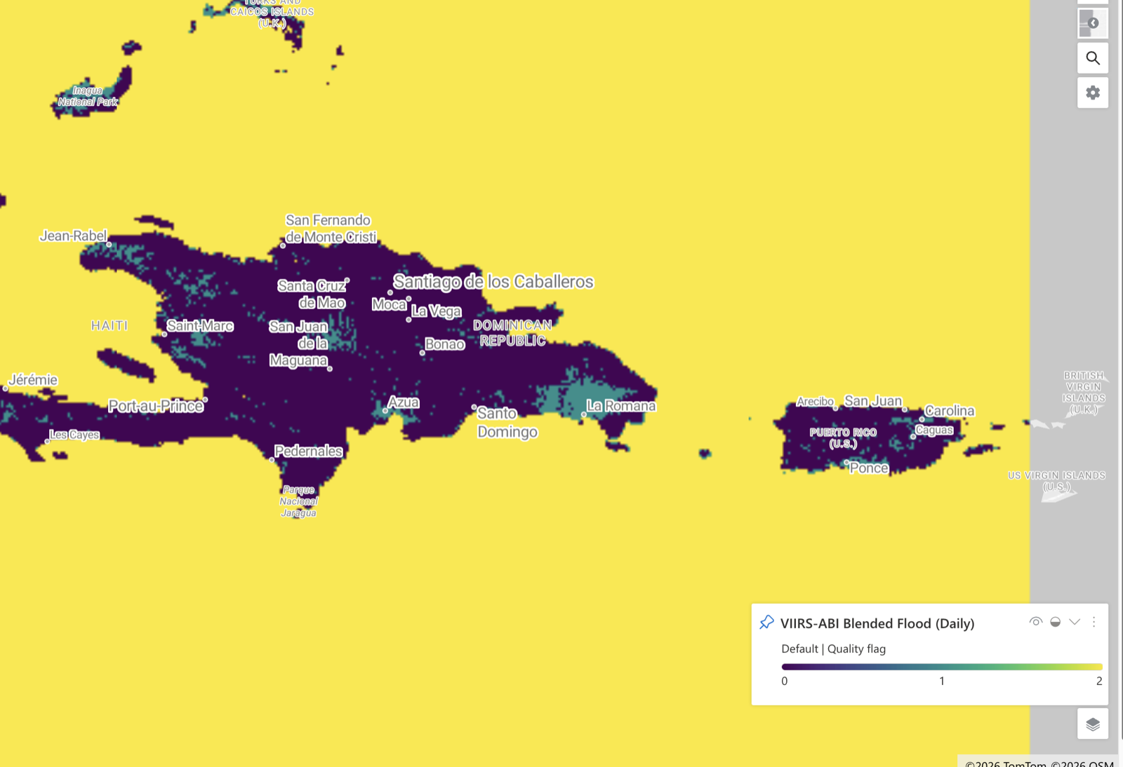 Searching and rendering VIIRS-ABI Blended Flood items in the Planetary Computer Pro Explorer over Hispaniola and Puerto Rico