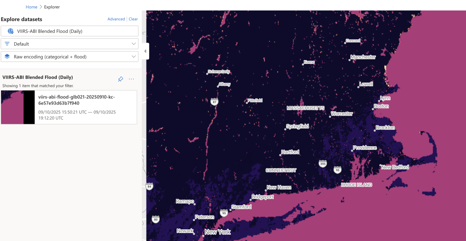 VIIRS-ABI Blended Flood item open in the Planetary Computer Pro Explorer over the US Northeast